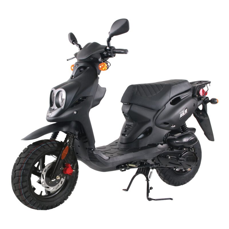 A black scooter with a red seat and a white background