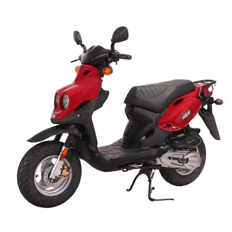 A red scooter is parked on the ground.