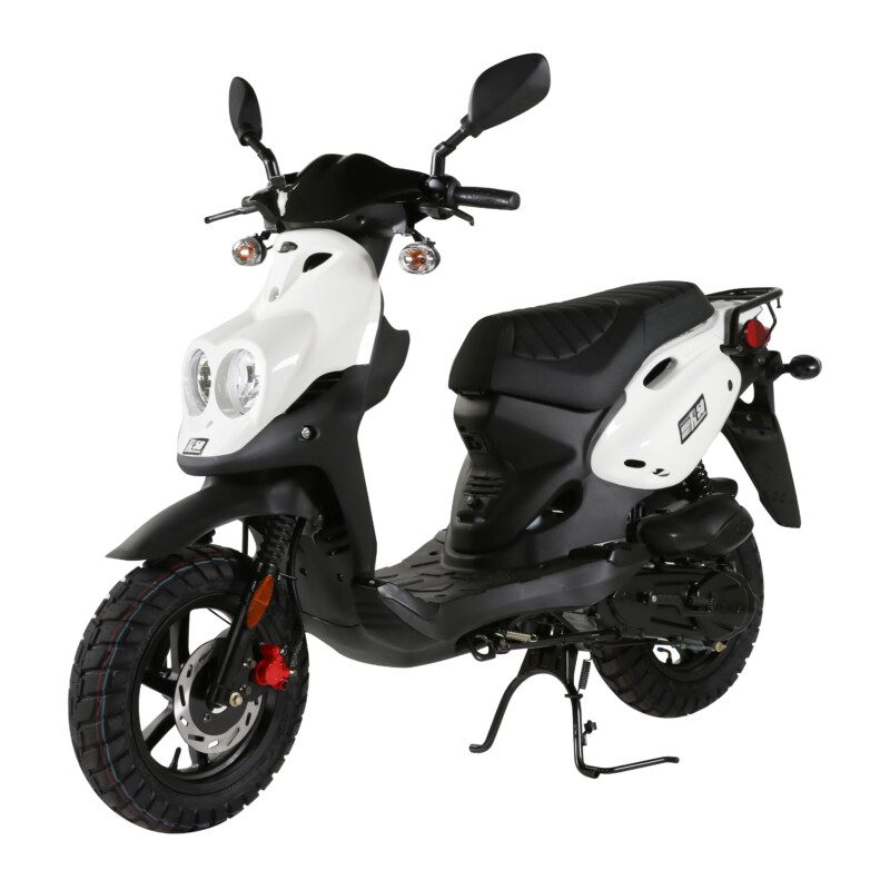 A scooter is parked on the ground.