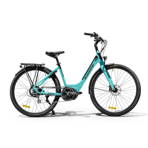 A blue bicycle is parked on the ground