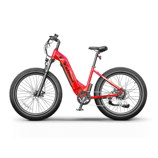 A red electric bike is parked on the ground.