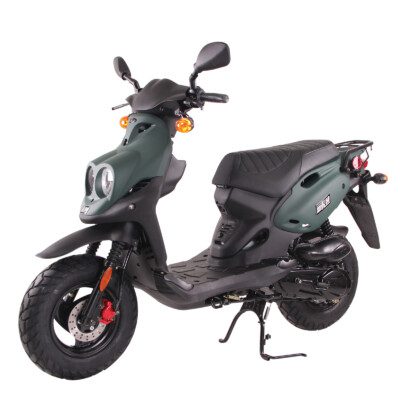 A scooter is parked on the ground.