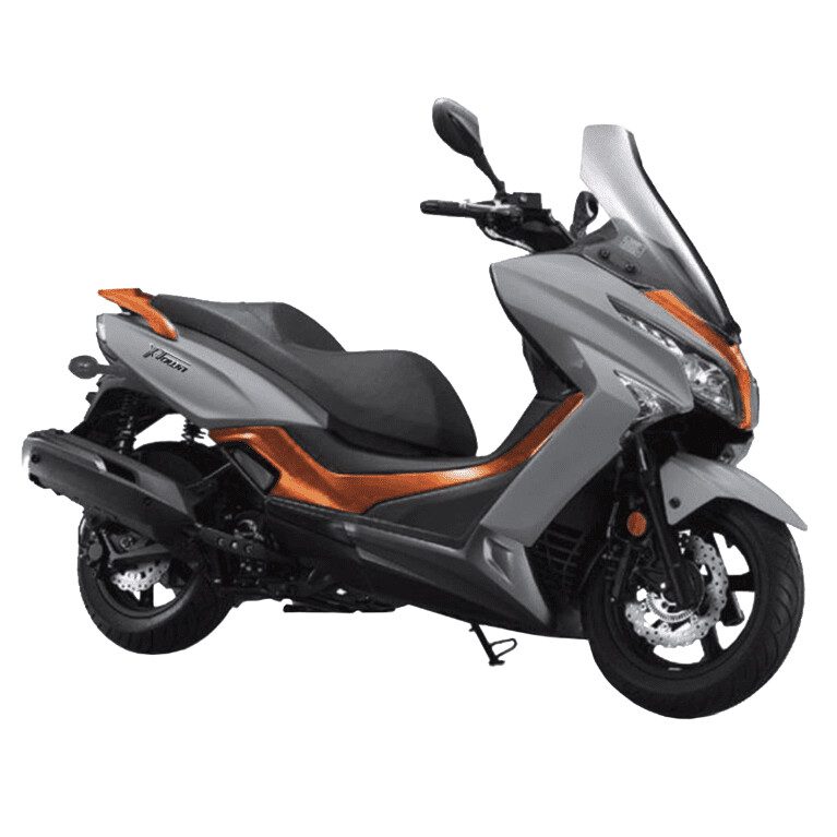 A silver and orange scooter parked on top of the ground.