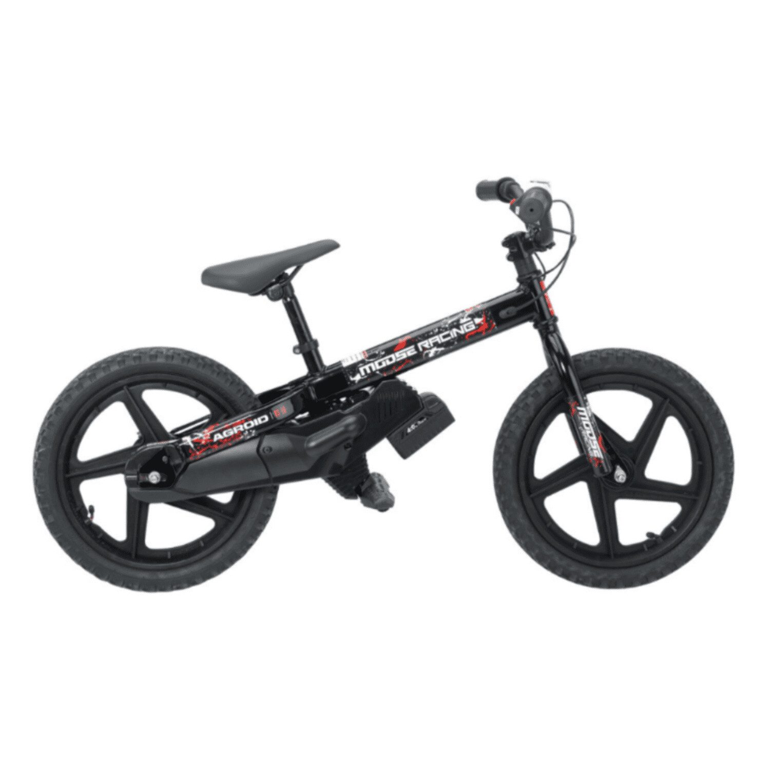 A black and red bike is parked on the ground