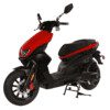A red and black scooter is parked on the street.