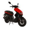 A red scooter is parked on the ground.