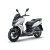 A white scooter is parked on the ground.