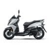 A white and black scooter is parked on the ground.