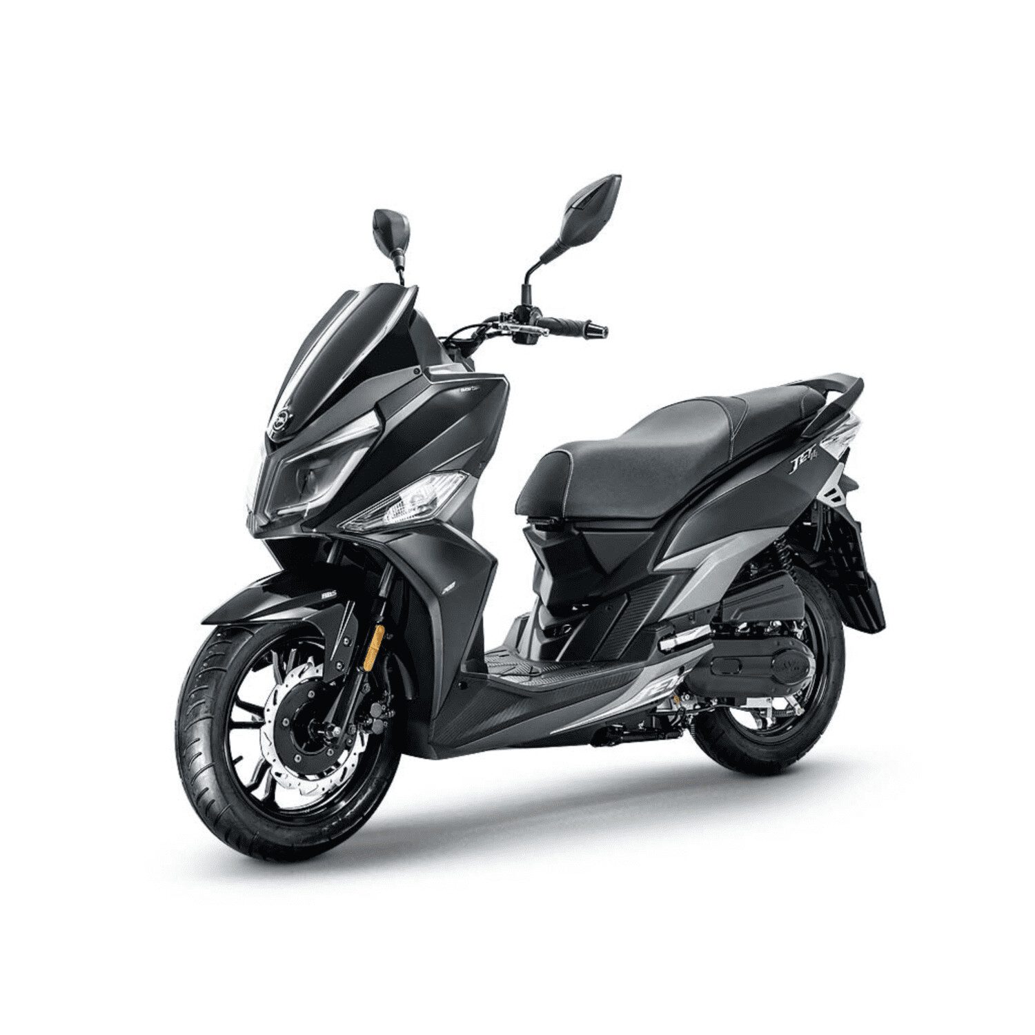 A black and silver motorcycle is parked on the ground