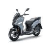 A silver scooter is parked on the ground.